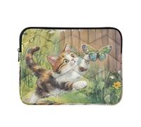 Laptop Sleeve Case 13-14 Inch Soft Laptop Bag with Zipper Cat Chasing Butterfly in The Yard Notebook Computer Pocket for Work Journey