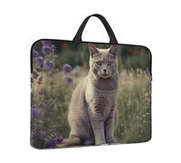 Laptop Sleeve Case 14 inch Shockproof Laptop Bag Gray Cat in Flower Field Briefcase Computer Bag with Handle