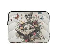 Laptop Sleeve Case Concise Computer Bag 15 Inch 16 Inch A Skeleton Reading with Flowers and Butterflies Computer Bag with Zipper