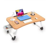 Laptop Table with USB Ports, Elekin Laptop Standing Desk for Bed, Portable Bed Tray, Lap Desk with Cup Holder for Writing, Reading, Working on Bed/Couch/Sofa(wood)