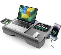 Laptop tray, Laptop Table, SAIJI Anti-Slip Leather Lap Desk, 54 * 33cm Large Lap Tray, with Drawer, Soft Wrist Rest, Phone Holder, Comfort Cushion, Fits up to 17 inch (Dark Grey)