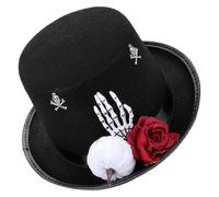 LAPYAPPE Black Gothic Top Hat with Red Rose and Decorative Skeleton Hand, Comfortable Lightweight Felt Victorian High Top Hat for Halloween Party and Day the Dead Celebration