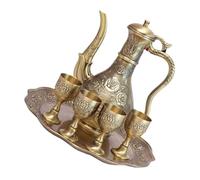 LAPYAPPE Vintage Turkish Coffee Pitcher Set with Embossed Rose Design Bronze Finish Metal Tea Cups and Tray Elegant Home Bar Party Ornament for Wedding