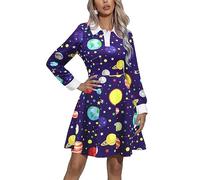 Laqeyko Miss Frizzle Costume Women Peter Pan Collar Teacher Costume Science Magic School Bus Dress Galaxy Space Planet Halloween Dress Purple LA246-4-S