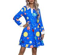 Laqeyko Women Long Sleeve Peter Pan Collar Fit and Flare A Line Skater Halloween Dress, Blue Planet, XXL
