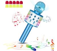 laqula Wireless Bluetooth Karaoke Microphone with Led Lights Portable Handheld Singing Karaoke Speaker Machine Toys for Kids Adults (Blue, w/10 Disposable Microphone Covers)