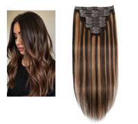 Larafona 9A Human Hair Clip In Extensions, 100% Remy Full Head Dark Brown Highlights with Auburn Silky Straight 8pcs Weft with Clips 22inch/55cm