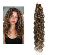 Larafona Brown Highlights Honey Blonde Big Curly Tape in Extensions, 100% Remy Human Hair Soft Natural Wavy 20pcs, 50g 12inch/30cm