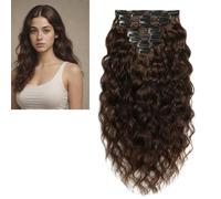 Larafona Full Head Clip in Human Hair Extensions Loose Curls, Medium Brown 4# 120gram/set 100% Remy Natural Wave Hair Weave For Women 22inch/55cm