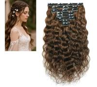 Larafona Full Head Natural Wave Clip in Human Hair Extensions Light Brown 6#, 120gram/set 100% Remy Loose Curl Weave with Clips 18inch/45cm