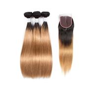 Larafona Hair 3 Bundles Ombre Human Hair Bundles Honey Blonde 1B/27# Silky Straight Brazilian Hair Weft 100g/Bundle, 100% Remy Hair Extensions with Lace Closure (20"22"24"+16"closure)