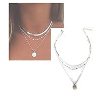 Larancie Boho Layered Necklace Ring Pendant Silver Necklace Beaded Clavicle Chain Flat Collar Stacked Necklace Neck Chain Jewelry for Women and Girls