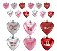 LaRandom 12 Pcs Valentine's Day Glitter Heart Shaped Ornaments, Red Pink and Silver Hanging Baubles Valentines Tree Decorations with Sweet Love Words for Romantic Wedding Anniversary Decor, 6 Style