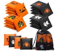LaRandom 21 Pcs Cornhole Bean Bags for Halloween with Black Mesh Drawstring Bag 2 x 2 Inch Haunted House Ghosts Spiders Pumpkins Small Orange Black Beanbags for Toss Party Toy Halloween Throwing Games