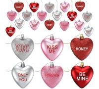 LaRandom 24 Pcs Valentine's Day Glitter Heart Shaped Ornaments, Red Pink and Silver Hanging Baubles Valentines Tree Decorations with Sweet Love Words for Romantic Wedding Anniversary Decor, 6 Style