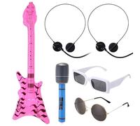 LaRandom 6 Pcs Halloween Rock Singer Costume International Hippie Singer Inflatable Bass Microphone Headphone Performance Glasses Props Halloween 80s 90s Cosplay for Adults Men Women Boys Girls