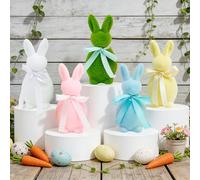 Larber 5 Pcs 15CM Easter Flocked Bunny Decorations,Mini Foam Bunny with Bow Tie Flocking Rabbit Tabletop Ornament for Table Gift Spring Wreath Party Farmhouse Home Decoration