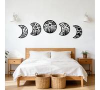 Larber 5PCS Black Metal Moon Phase Wall Hanging Decor 18-25CM Moon Phase Wall Art with Floral & Herb Silhouettes Boho Lunar Aesthetic Art for Bedroom Gift Bathroom Restaurant Wall
