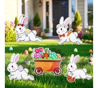Larber 5PCS Easter White Bunny Yard Signs Outdoor Decorations Easter Yard Signs Garden Decorations Small Rabbits&Pushcart Weather-resistaint Yard Lawn Garden Decor for Home Outside Spring Easter Party