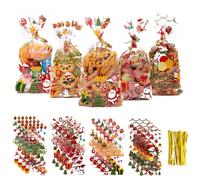 Larcenciel 100 Pcs Christmas Sweet Bags with Ties, 4 Styles of Clear Cellophane Bags w/Cute Santa Reindeer for Xmas Party Favours, Holiday Small Cookie Bags for Biscuit, Candy, Popcorn, Cakes, 28x14cm