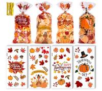 Larcenciel 100PCS Cellophane Bags, Halloween Thanksgiving Sweet Bags with Gold Twist Ties, Pumpkin Maple Leaves Party Bag for Cookie Biscuit Goody, Orange Plastic Clear Gift Treat Bag for Autumn Fall