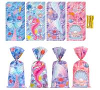 Larcenciel 100PCS Mermaid Party Bags, Colourful Cellophane Bags with Gold Twist Ties, Pink Purple Mermaid Sweet Cookie Candy Plastic Gift Bag for Kids Girls Birthday Baby Shower Ocean Party Decoration
