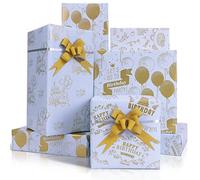 Larcenciel Birthday Wrapping Paper, Gold Print Blue Gift Wrapping Paper w/ 4 Pull Bows, Metallic Balloon Cake Happy Birthday Wrapping Paper, Recyclable Gift Wrap Set for Girls, Boys(4 Sheets, 70X50cm)