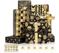 Larcenciel Black Gold Wrapping Paper, 6 Sheets Metallic Birthday Wrapping Paper Set w/Bow & Sticker, Luxury Gold Foil Design Gift Wrapping Paper Sheet for Birthday, Christmas, Anniversary, 70x50cm