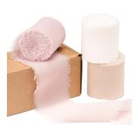 Larcenciel Blush Pink Frayed Chiffon Ribbon 3 Rolls, Handmade Cream Gift Ties, Elegant Silk Wrapping Ribbon for Gift or Bouquet, Wedding Invitation, Craft Decor, Hair, 4cm×5m