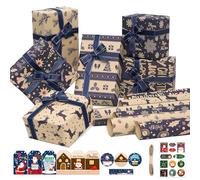 Larcenciel Christmas Wrapping Paper, Recyclable Kraft Xmas Wrapping Paper Set w/Tag Sticker String, Navy Blue Brown Gift Wrap w/Snowflake Reindeer for Christmas New Year Party (70x50cm, 6 Sheets)
