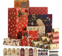 Larcenciel Christmas Wrapping Paper, Recycled Gift Wrapping Paper, 10 Sheets 70 * 50cm Brown Paper with Jute Strings, Stickers and Bows for All Occasions