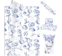 Larcenciel Ocean Tissue Paper, 60 Sheets White Blue Seashell Tissue Paper for Wrapping Gifts, Bow Starfish Gift Wrapping Paper, Art Decorative Craft Paper for Wedding Birthday Party Summer DIY 50x35CM