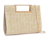 Larcenciel Straw Women's Clutches, Woven Tote Handbags for Women w/Chain, Cream Raffia Evening Bag, Elegant Top Handle Clutch Bag, Summer Beach Bags for Wedding Formal Party Prom Holiday, 24×17×4CM
