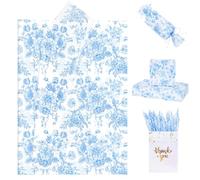 Larcenciel Vintage Floral Tissue Paper, 60 Sheets Bright Blue White Tissue Paper for Wrapping Gifts, Rose Peony Patterned Gift Wrapping Paper, Matte Art Bouquet Paper for Wedding Party Craft, 50x35CM