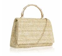 Larcenciel Women's Clutches, Boho Woven Straw Beach Bag w/Chain, Bamboo Handle Straw Clutch Purse, Handmade Woven Handbag Evening Crossbody Shoulder Bag for Wedding, Dinner, Prom, 18×12×6CM