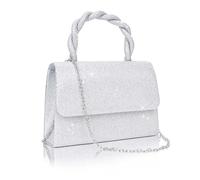 Larcenciel Women's Clutches, Silver Top Handle Evening Bags w/Detachable Chain, Glitter Hand Bags for Women Ladies Glitter Cross Body Elegant Shoulder Bag for Party Prom Wedding Dinner, 20x5.5x13.5cm