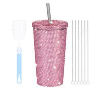 LARCISO Glitter Diamond Studded Tumbler, Bling Stainless Steel Vacuum Thermal Straw Tumbler with Lid, Rhinestone Tumbler Cups with Cup Brush and Straw Brushes, Coffee Mug for Women Girl Pink，20 Oz