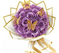 LARDUX 24 Pcs Glitter Roses Bouquet, Artificial Rose Flowers with Crown for Valentine's Day, Wedding, Anniversary, Engagement, Birthday, Mother's Day (Light Purple)