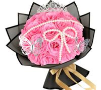 LARDUX 24PCS Artificial Rose Flowers Bouquet-Pink Artificial Flower Fake Bouquet Roses,DIY Sparkly For Birthday Anniversary Valentine's Day Silk roses bouquet with crown for photoshoot (Pink A)