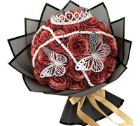 LARDUX 24PCS Artificial Rose Flowers Bouquet-Pink Artificial Flower Fake Bouquet Roses,DIY Sparkly For Birthday Anniversary Valentine's Day Silk roses bouquet with crown for photoshoot (Red)
