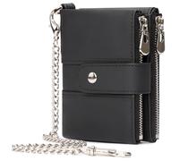 LAREET Mens Wallet with Chain, Genuine Leather Wallet RFID Blocking Bifold Purse Zipper Coin Pocket with Anti-Theft Chain, Black, Modern