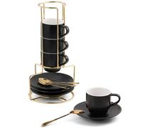 Lareina 3-Ounce Espresso Cups Set of 4, Small Stackable Coffee Cups with Saucers, Spoons and Metal Stand, Ceramic Demitasse Mugs, Espresso Accessories for Machine, Black