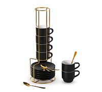 Lareina Porcelain Stackable Espresso Cups with Saucers, Spoons and Metal Stand 4 Ounce Small Cappuccino Coffee Cups Set of 6 - Ceramic Demitasse Cups for Nespresso Lungo, Double Espresso, Black