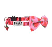 LaReine Personalized Breakaway Cat Collar with Bell & Bow Tie, Stainless Steel Slide-on Pet ID Tag Engraved with Name & Phone Numbers, (Customized - 7"-11" Neck, Strawberry)