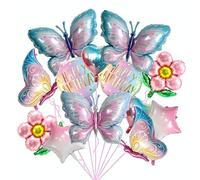 Larfraecy 16Pcs Butterfly Balloons Flower Balloons Set, Fairy Birthday Decorations with Happy Birthday Balloons Pink Birthday Decorations Summer Wedding Party Outdoor