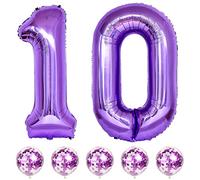 Large 10 Number Purple Balloons, 40 Inch Helium Foil Number 1 & 0 Balloons Self Inflating with Confetti for Girls Women 10th 1st Birthday Party Anniversary Decorations