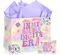 Large 10th Birthday Gift Bag for Girl Iridescent Double Digits Gift Bag with 10th Birthday Wrapping Paper and Card In My Double Digits Era Party Decor for Girls 10 Year Old Bday