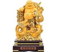 Large 24" Chinese Feng Shui Dragon Statue & Laughing Buddha Sculpture - 2024 Year Resin Home Office Decor, Golden Collectible for Prosperity & Good Fortune