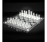 Large 25cm Traditional Chess Glass Board Game 32 Pieces Set Frosted & Clear Gift Boxed