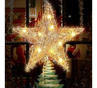 Large 25x30cm Elegant Christmas Tree Topper Star - 20 Warm Glow Lights with Sparkling PET Yarn & Iron Frame, Xmas Tree Top Decoration (Golden)